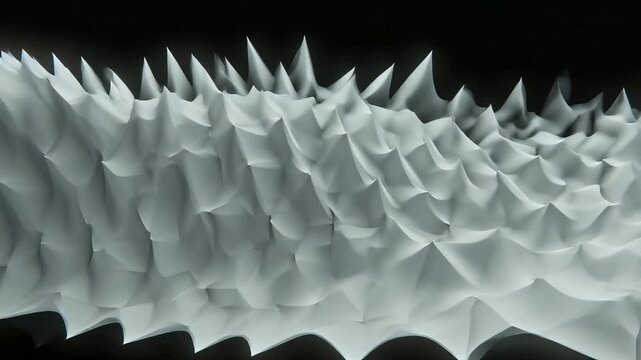 Abstract white ferrofluid spikes on black background, futuristic liquid sculpture with sharp peaks, monochromatic 3D fluid motion for technology and science