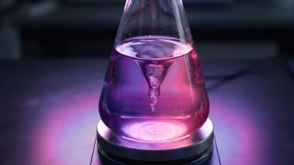 A striking image of swirling liquid in a flask, enhanced by colorful lighting