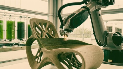 A robotic arm intricately designs a unique piece of furniture