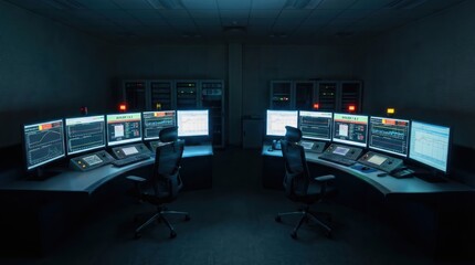 Dimly lit control room with multiple monitors displaying graphs and data in a high-tech security or monitoring center