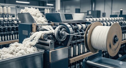 A close-up view of advanced textile production machinery shows a spinning process with yarn and fibers.