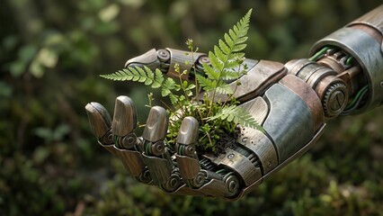A captivating image of a robotic hand gently holding a vibrant fern plant