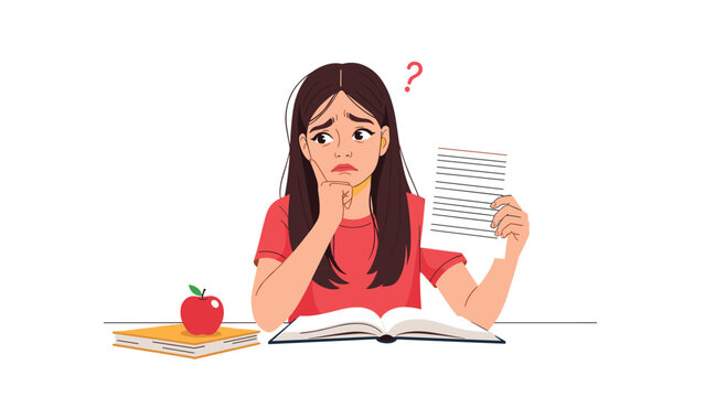 Confused student girl holds her exam paper and looks puzzled with a question mark above her head while sitting at a desk with books.