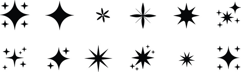 Fototapeta premium Black Sparkle Starburst Shapes Collection Isolated on White Background, Shining Twinkle Icons Set for Decorative Design, Magic Light Effects and Festive Graphic Elements