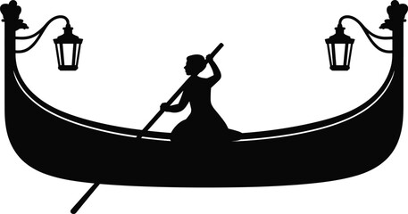 Venetian gondola silhouette, gondolier rowing boat, traditional transport, romantic travel, scenic canal ride, cultural heritage illustration, black design © Sabina