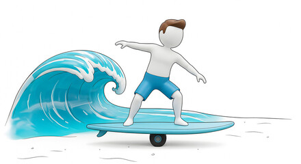 Fototapeta premium Dynamic 3D Render of a Male Character Expertly Surfing a Powerful Blue Ocean Wave, Capturing the Thrill and Movement of Water Sports and Outdoor Adventure