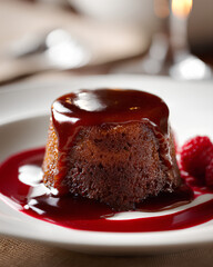 Sticky Date Pudding with Toffee Glaze and Raspberry Sauce on White Ceramic Plate Premium Dessert Concept