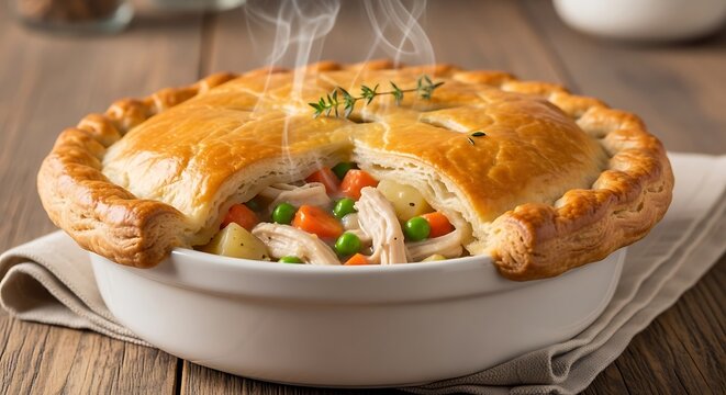 Delicious chicken pot pie with golden crust and fresh vegetables close up