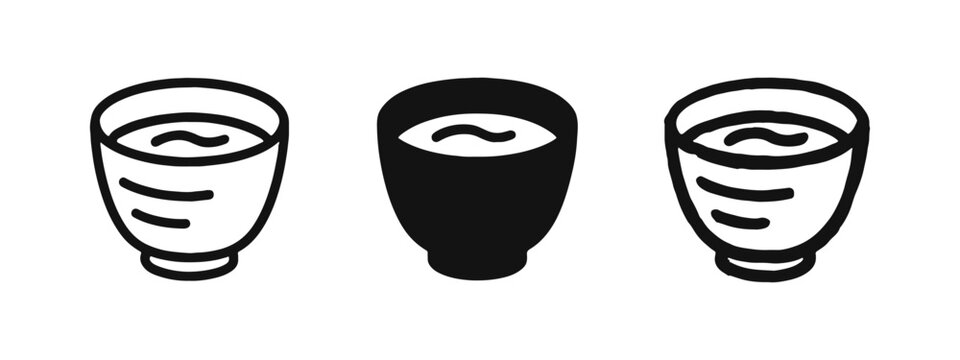 Japanese Sake Cup Icons Set. Outline, Solid, and Doodle Styles. Ochoko Drinkware and Alcohol Symbol Vector.