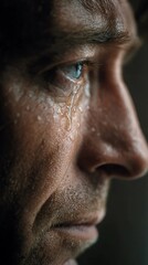 Obraz premium Close up side profile of an adult man's face showing a single tear rolling down his cheek
