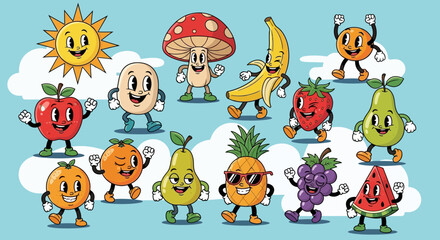 Obraz premium Cartoon Fruits and Vegetables with Smiling Faces on Clouds.