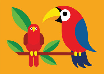 Fototapeta premium A toucan with a large yellow beak and a red macaw parrot sit together on a green leafy branch.
