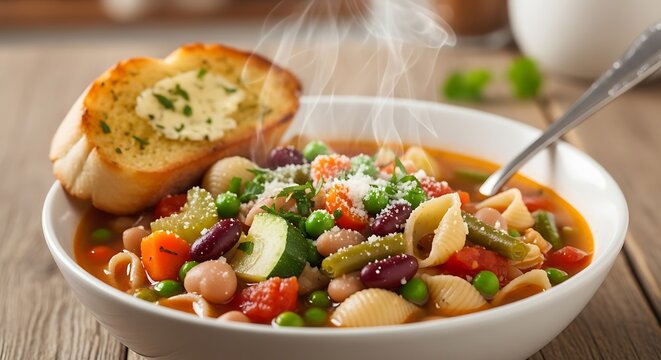 Delicious minestrone soup with garlic bread on a wooden table