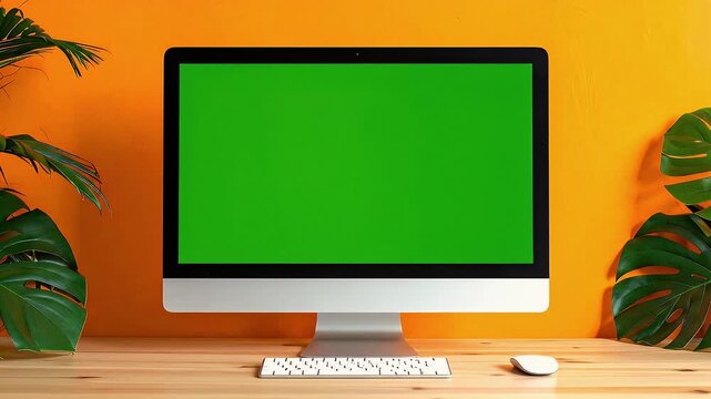 A computer with a green screen, keyboard, and mouse on a wood desk in front of an orange wall