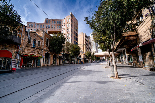 The main street Jaffa in Jerusalem with people. Life in Israel, modern Middle Eastern city.
