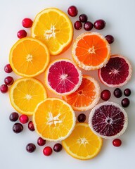 Fresh citrus fruit slices and red berries on a white surface