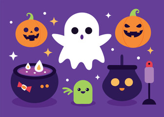 Whimsical Halloween characters including jack-o'-lanterns, a ghost, bubbling cauldrons, and a cute green monster.