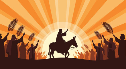 Silhouette of Jesus Riding Donkey with Followers Waving Palm Branches at Sunrise © adinda