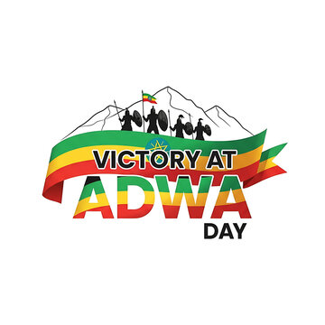 Victory at adwa day with ethiopian flag and warrior silhouettes mountains
