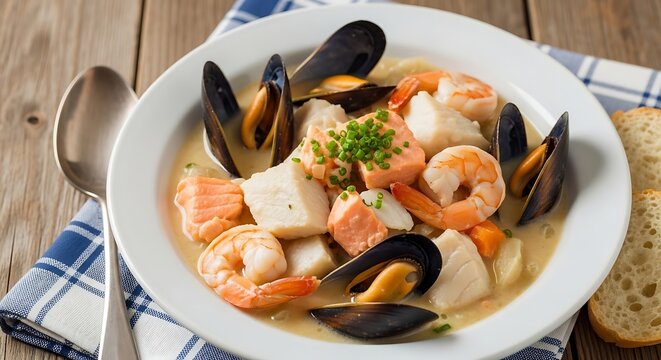 Delicious seafood chowder a culinary delight with shrimp and mussels