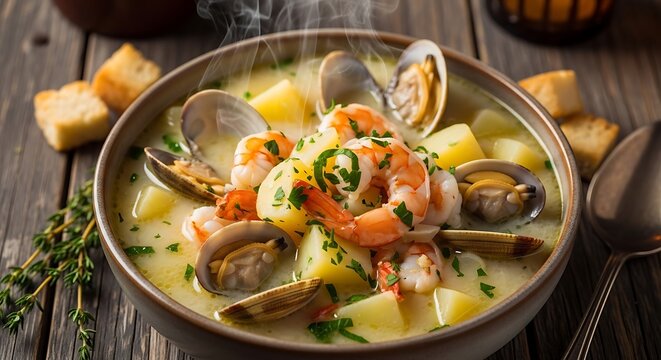Delicious seafood chowder creamy soup with shrimp clams and potatoes