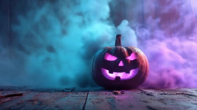 Glowing carved pumpkin against a backdrop of colorful smoke and wood