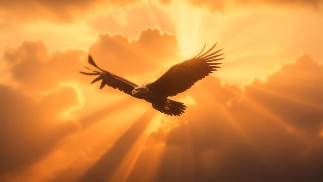 Eagle soaring in sunset sky