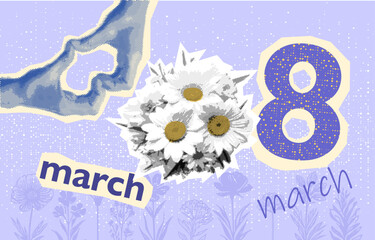 Fototapeta premium Trendy Halftone Collage Happy International Women's Day. Abstract paper cut floral daisy bouquet. Trendy Flower contemporary art. 8 March. Spring. 