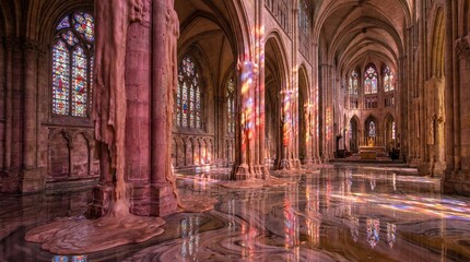 Fototapeta premium Majestic Gothic cathedral interior with flooded marble nave reflecting vibrant stained glass colors, towering arches and columns, sunlit prism patterns shimmering across sanctuary