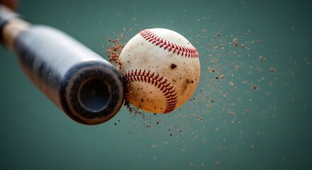 Baseball bat striking a ball, kicking up dirt, motion blur