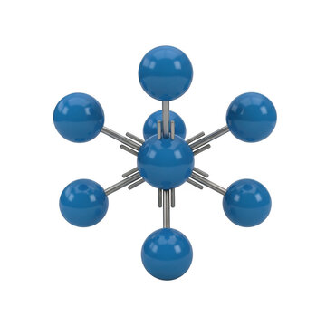 3d rendering of an octahedral molecular structure with blue spheres representing atoms and gray rods representing bonds, isolated on transparent background