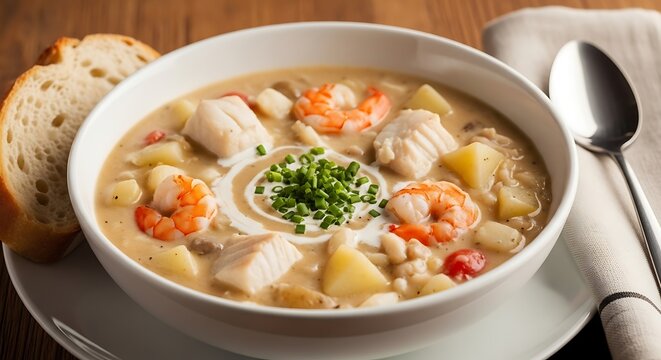 Delicious seafood chowder with shrimp fish potato and bread on a table