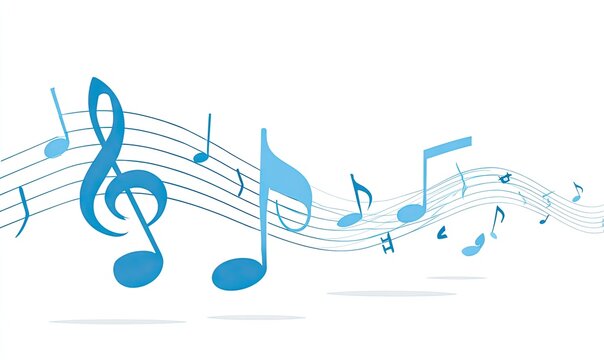 Blue musical notes and a treble clef flowing over wavy staff lines against a white backdrop