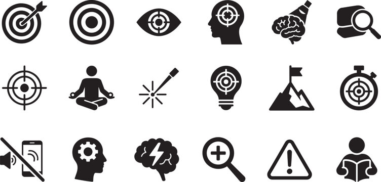 Focus and concentration icon set with target, brain and productivity symbols in line style.