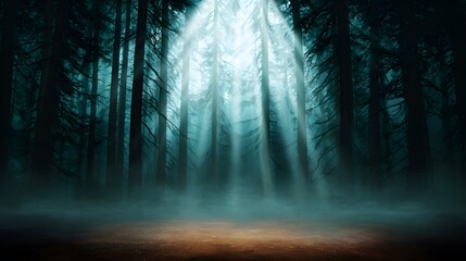 Obraz premium Mystical Forest Light: Dramatic light beams pierce through the shadowy canopy of an enchanting forest, casting an ethereal glow upon the mist-covered forest floor, creating a scene of mystery and awe.