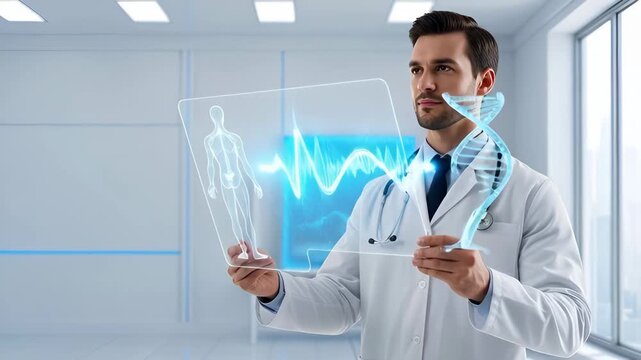 Man doctor holding medical data on transparent tablet, analyzing DNA and human body for AI agent medical scribe application.