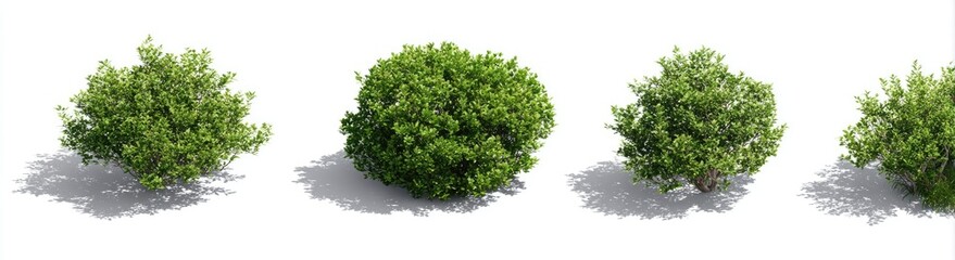 Fototapeta premium Four isolated green shrubs with long shadows on a white background, perfect for use in design