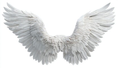 Obraz premium A detailed, frontal view of outstretched, pristine white wings isolated on a stark white backdrop