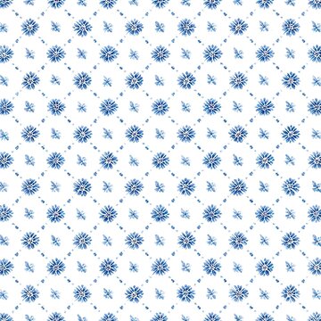 Watercolor blue floral pattern on white background, arranged in diamond lattice