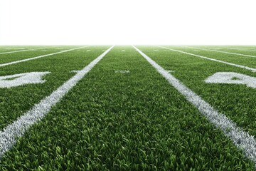Obraz premium Low-angle view of a well-maintained grassy football field with yard lines receding to the horizon