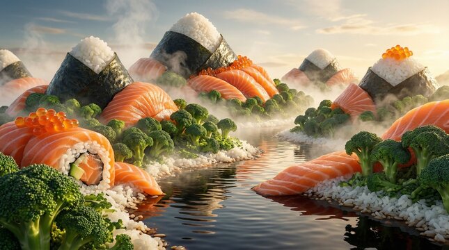 Surreal landscape featuring towering sushi mountains made from salmon nigiri and seaweed wrapped rolls rising from a misty river, with broccoli trees and a golden dawn sky.