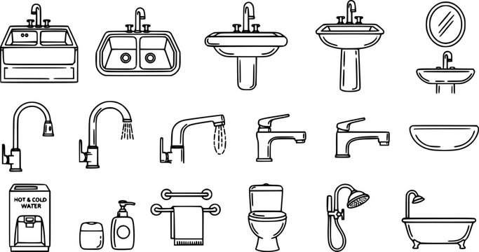 Diverse collection of kitchen and bathroom plumbing fixtures icons, including various sinks, modern faucets, water dispensers, and accessories, suitable for home renovation and product