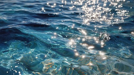Naklejka premium Sparkling blue water surface with sun glints, rippling waves