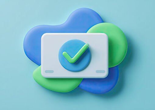 3D-rendered icon featuring a checkmark, set against organic shapes and a pastel background