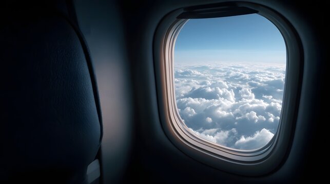 View from an airplane window overlooking a vast expanse of fluffy clouds under a clear blue sky
