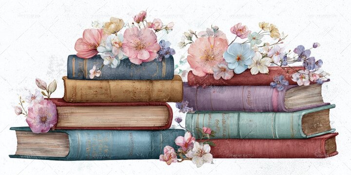 Watercolor image of stacked books adorned with colorful spring flowers and foliage
