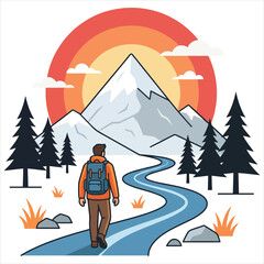 Fototapeta premium Man Hiking to Mountain Peak at Sunset – Flat Vector Adventure Illustration