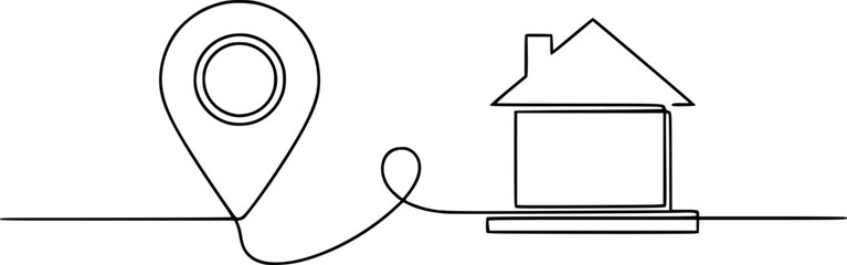 Continuous line drawing of a location pin connected to a house symbol representing home search and real estate