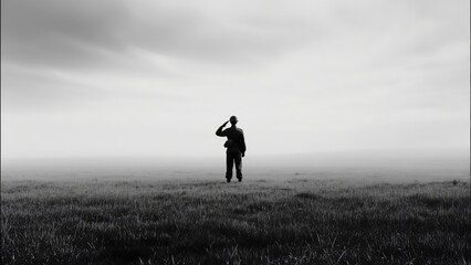 Military soldier saluting in grassy field