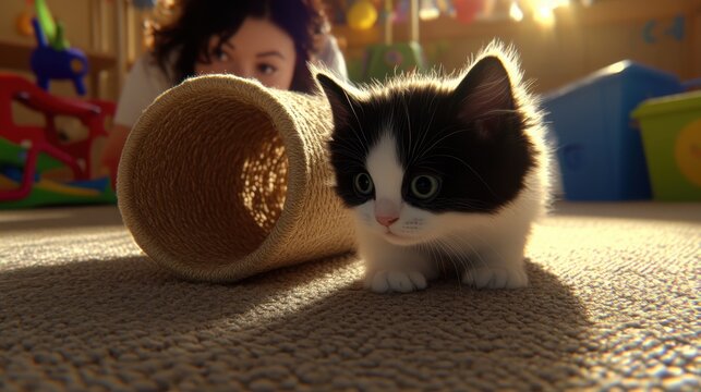 Kitten and pet sitter playing with a tunnel toy indoors